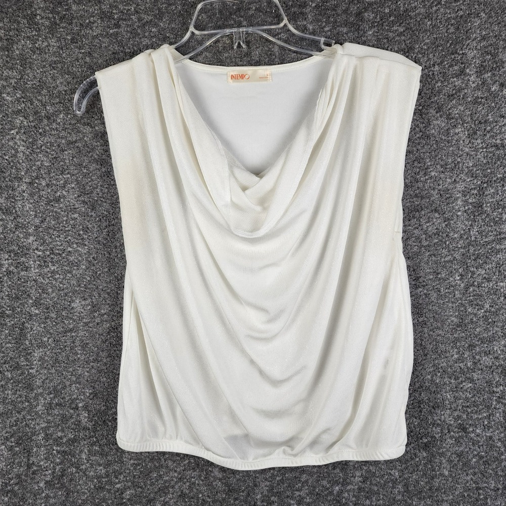 Intempo Top Womens S Cowl Neck White Shimmer Bubble Hem EUC